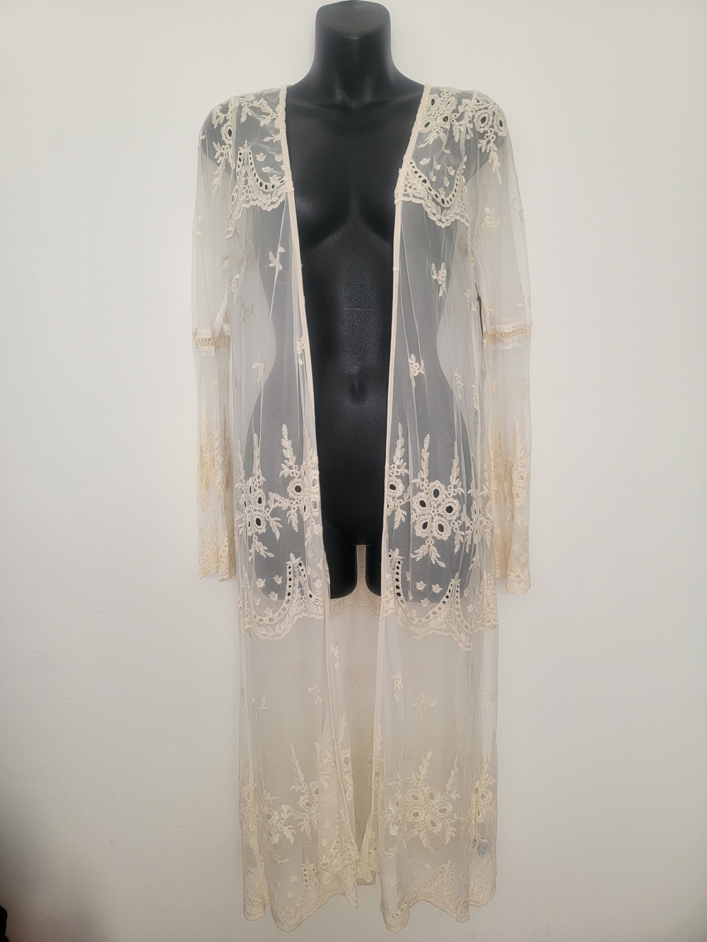 Sheer Lace Embroidered Long Robe - Cream